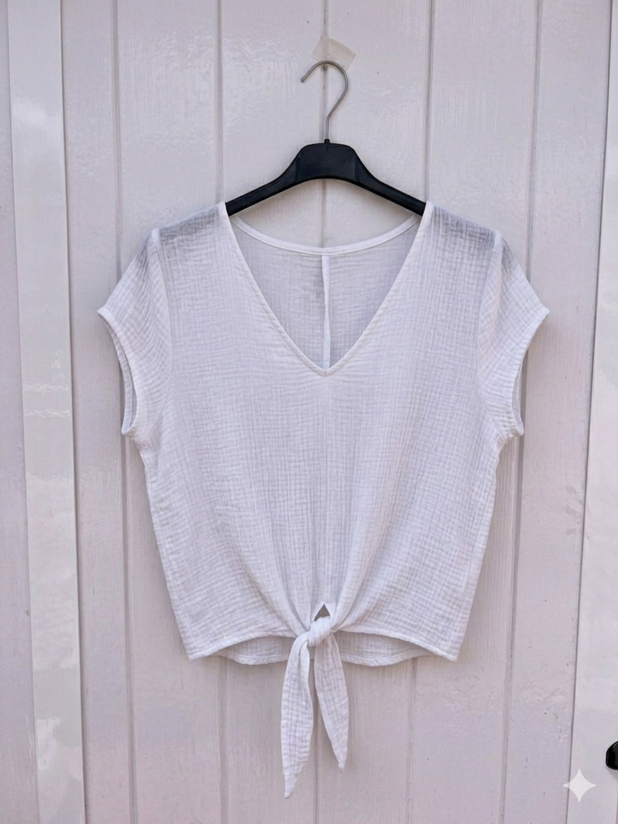 Blusa Rústica con Nudo Delantero y Escote en Pico