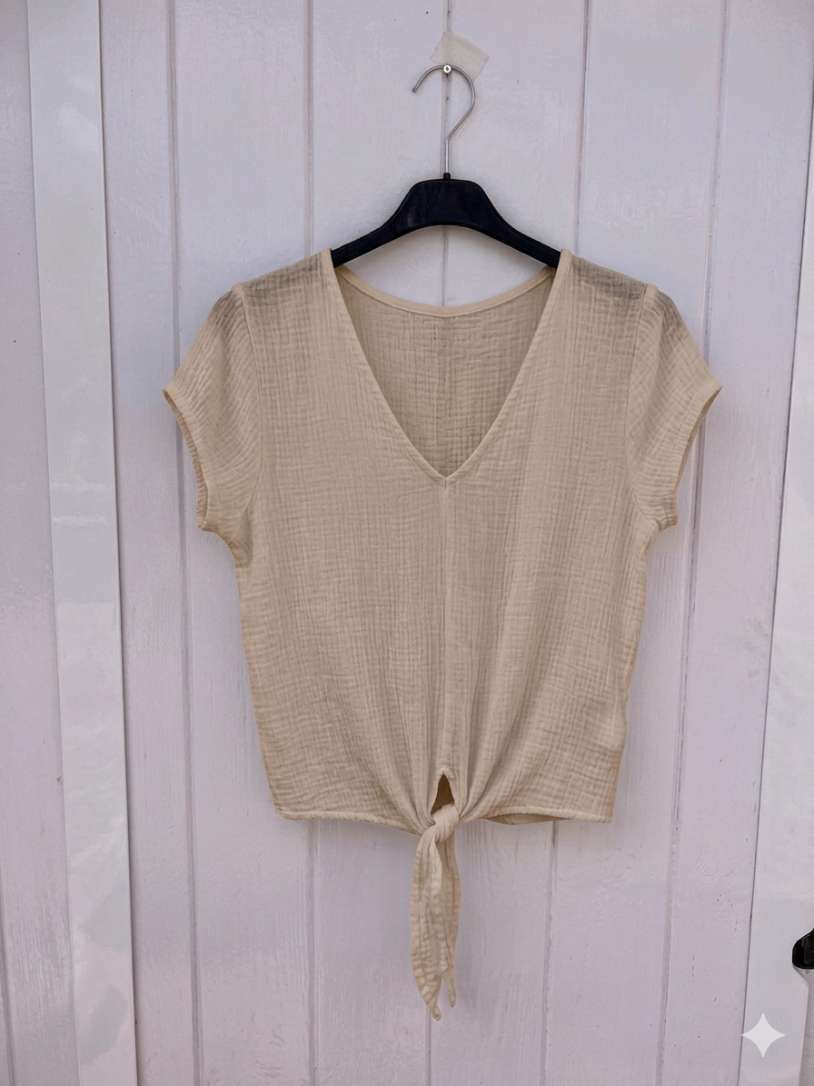 Blusa Rústica con Nudo Delantero y Escote en Pico