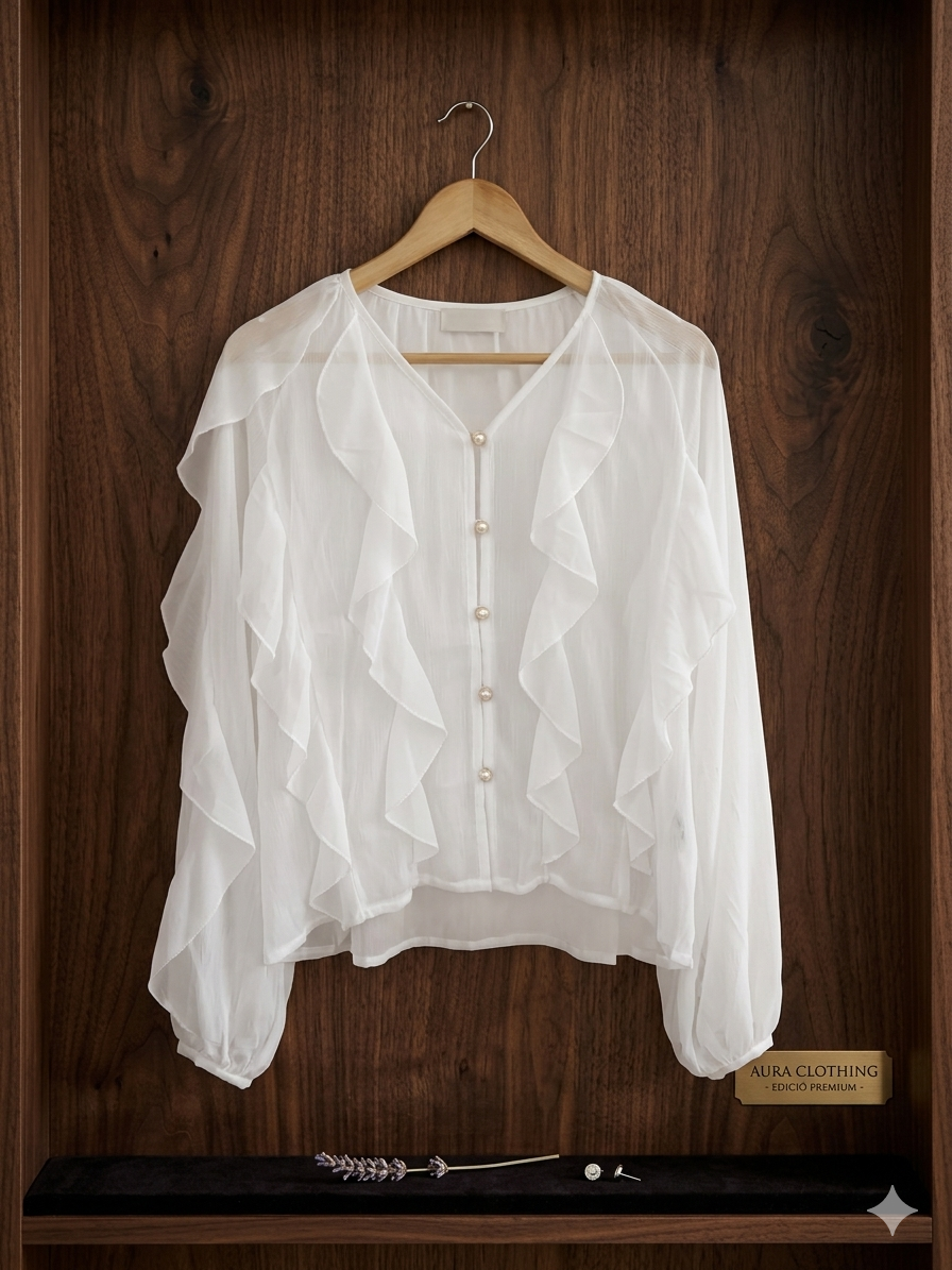 Blusa Romántica "Aura" con Chorreras y Botones efecto Nácar