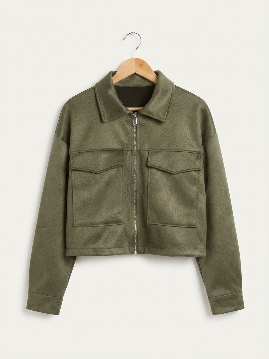 Chaqueta Corta | Antelina con Cremallera y Bolsillos