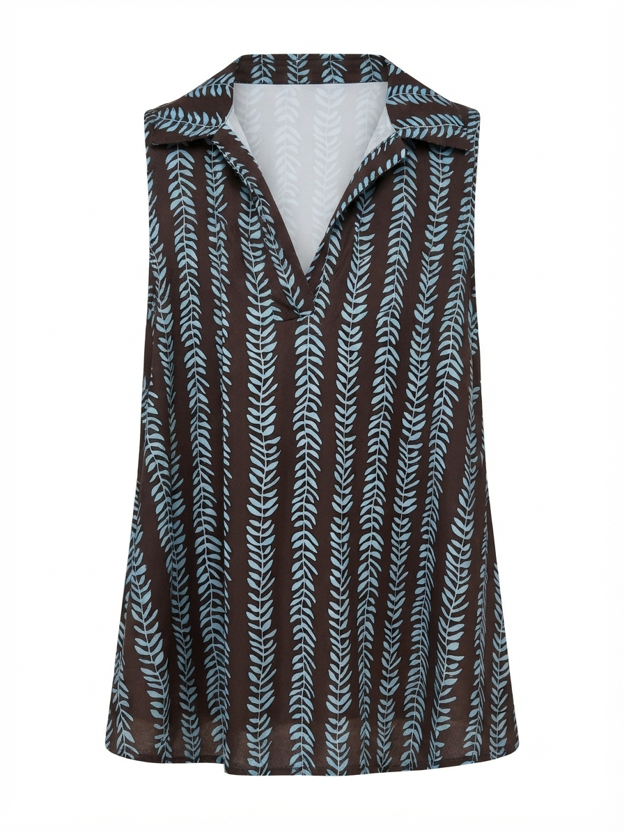 Blusa Punto Frío | Estampado Sin Mangas Cuello Camisa