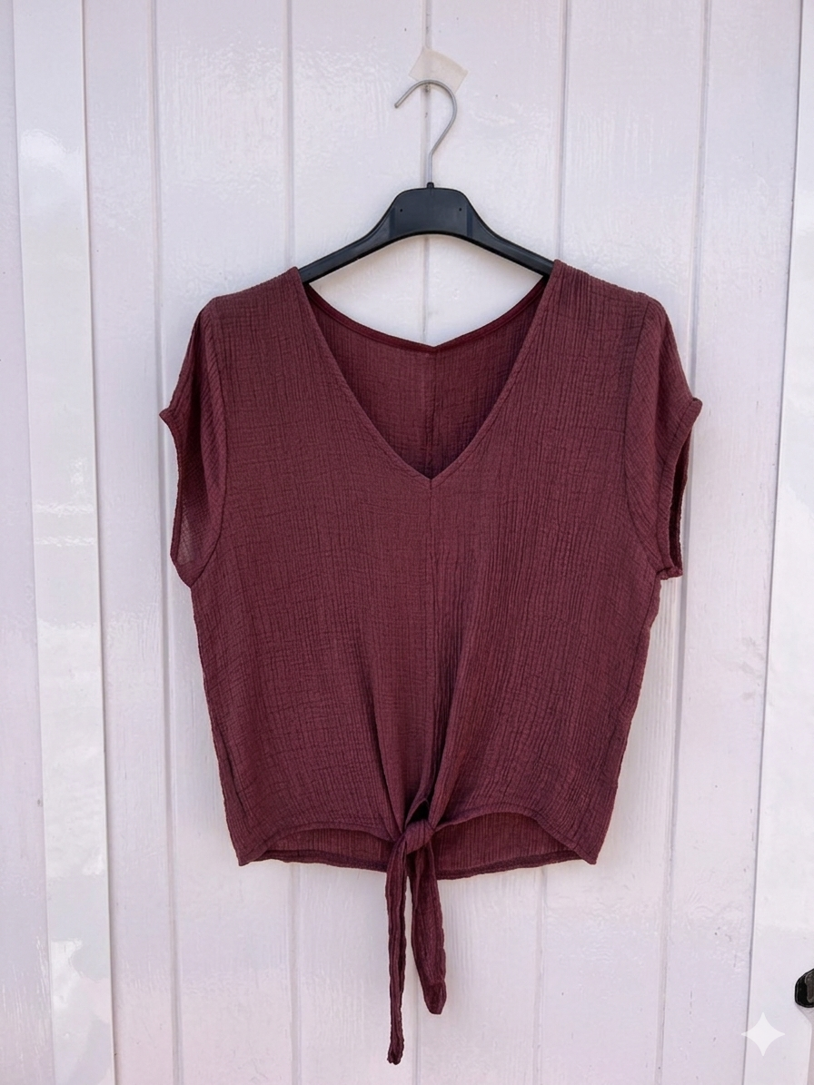 Blusa Rústica con Nudo Delantero y Escote en Pico