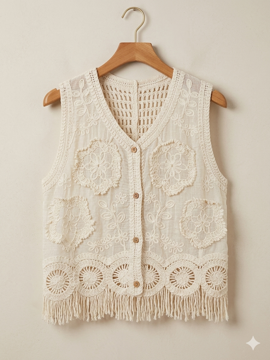 Chaleco Boho Chic de Crochet y Bordado con Flecos