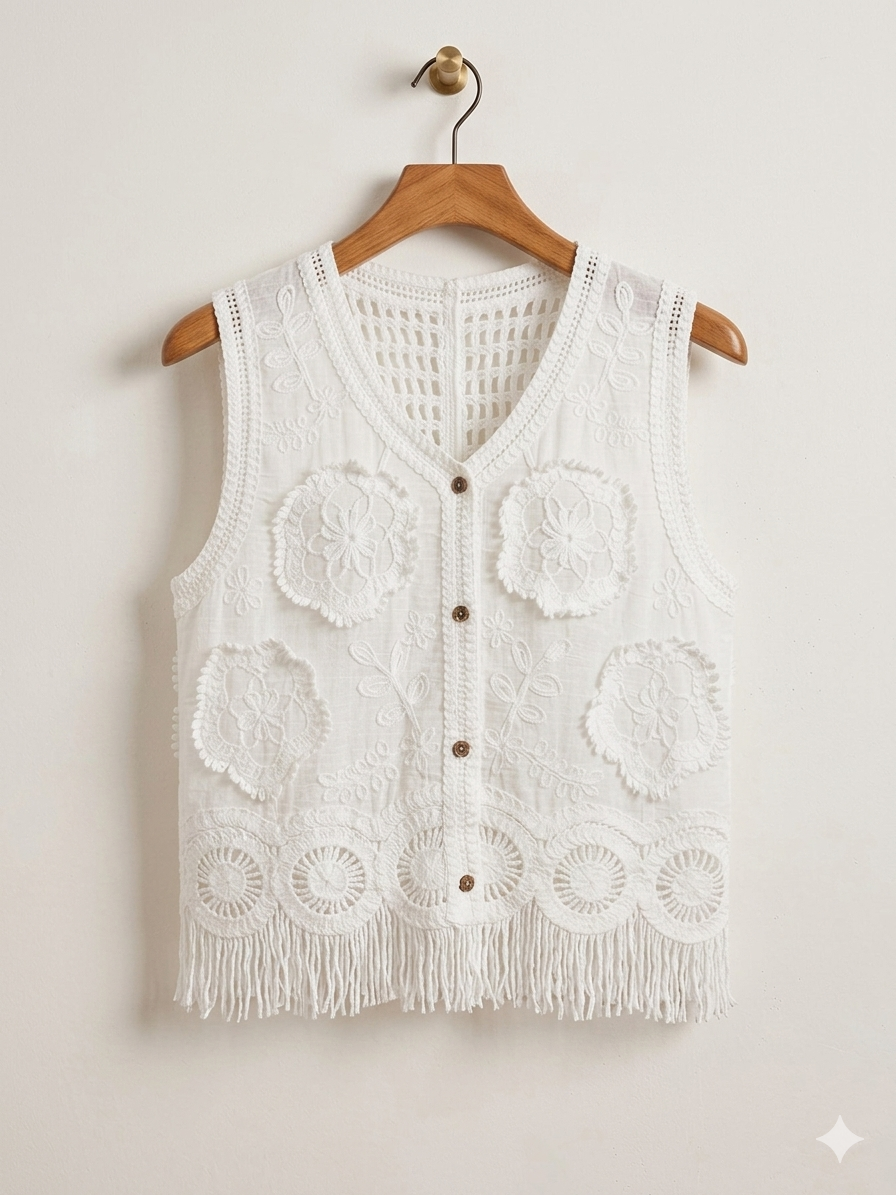 Chaleco Boho Chic de Crochet y Bordado con Flecos