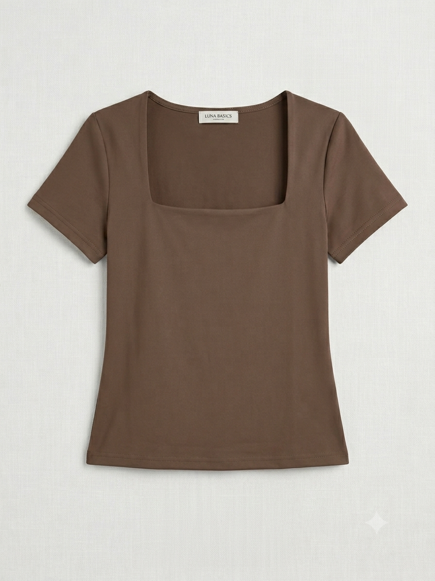 Top Básico con Cuello Cuadrado – Camiseta Ajustada de Tacto Suave