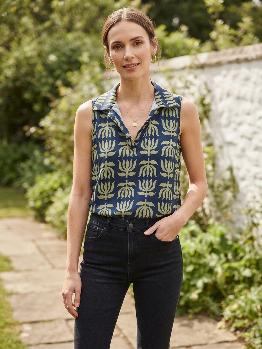 Blusa Punto Frío | Estampado Sin Mangas Cuello Camisa