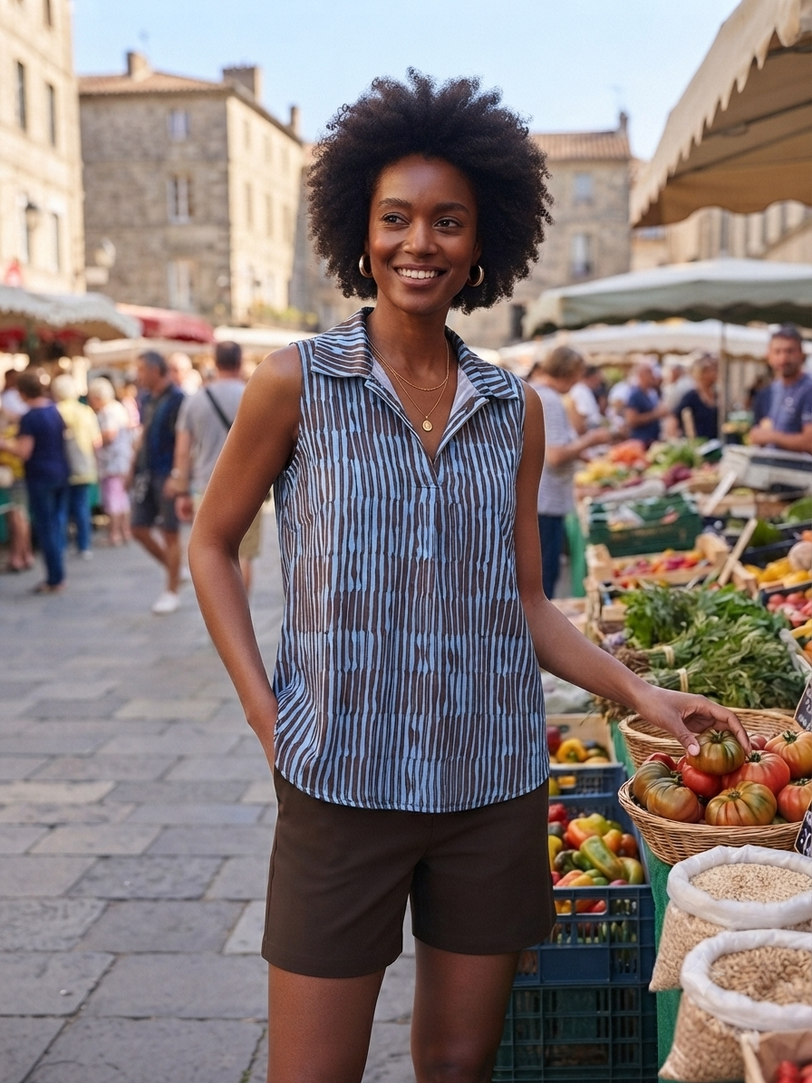 Blusa Punto Frío | Estampado Sin Mangas Cuello Camisa