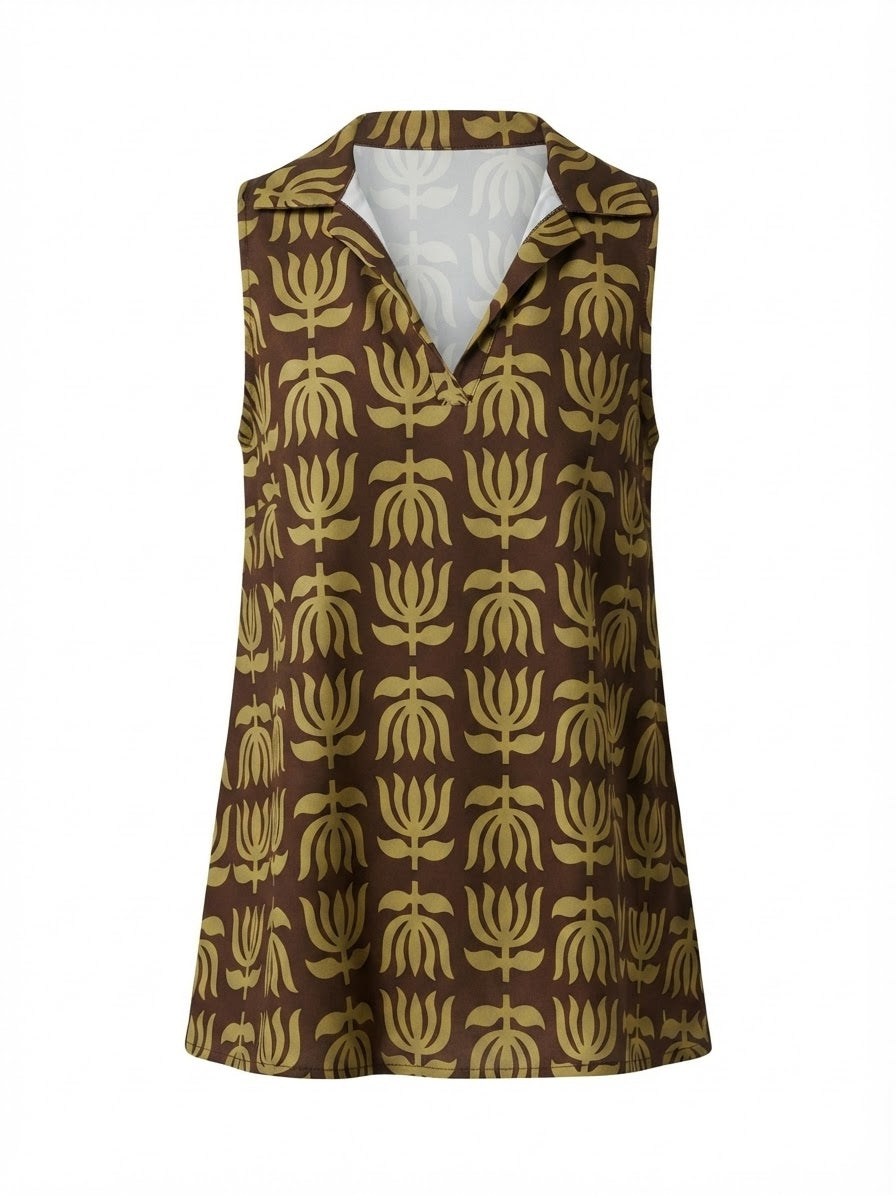 Blusa Punto Frío | Estampado Sin Mangas Cuello Camisa