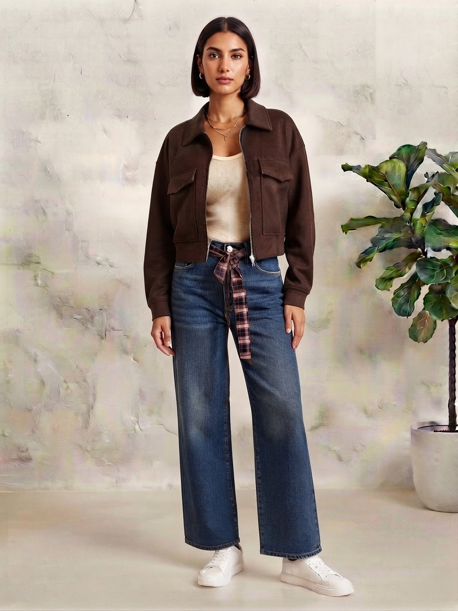 Chaqueta Corta | Antelina con Cremallera y Bolsillos