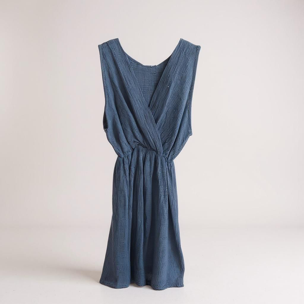 Vestido Corto de Bambula con Escote Cruzado/Pico