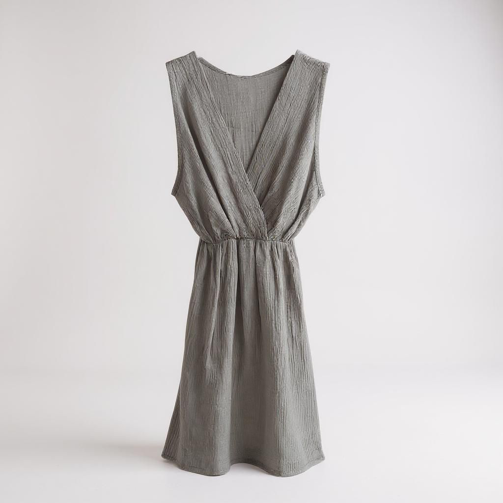 Vestido Corto de Bambula con Escote Cruzado/Pico