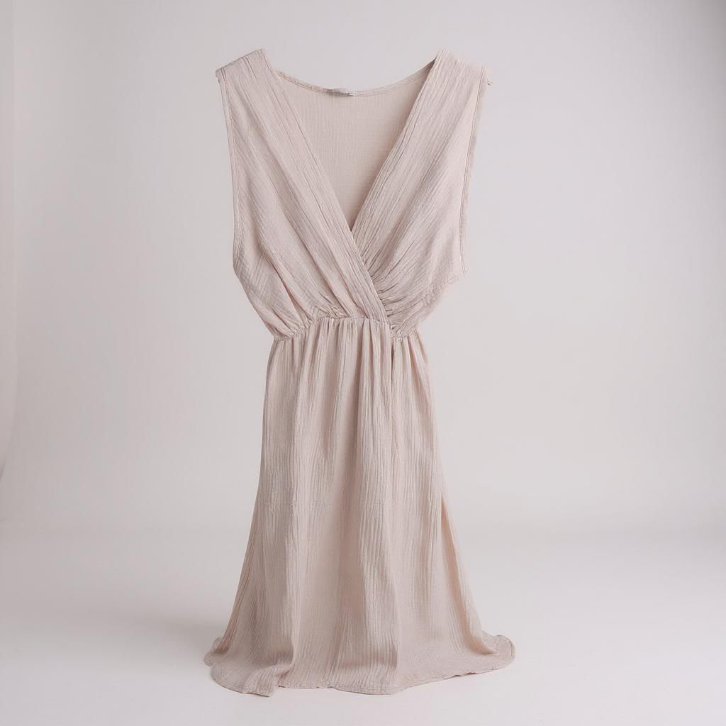Vestido Corto de Bambula con Escote Cruzado/Pico