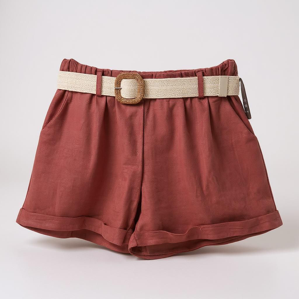 Short de Algodón Efecto Lino con Cinturón